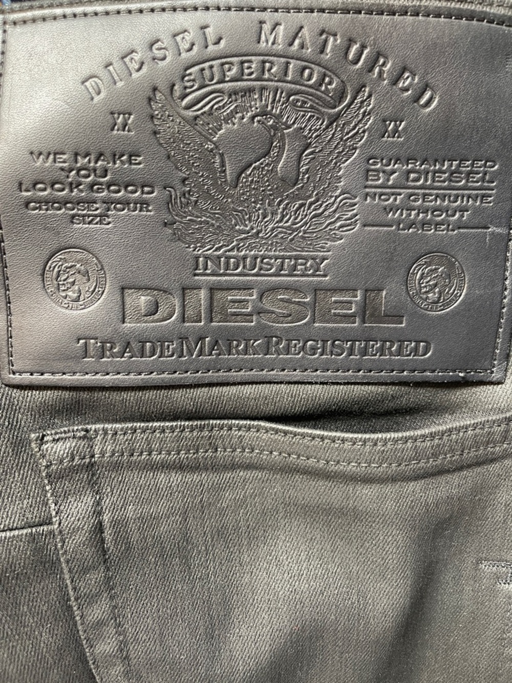Diesel Men’s Charcoal Slim Jeans with Embossed Leather Patch